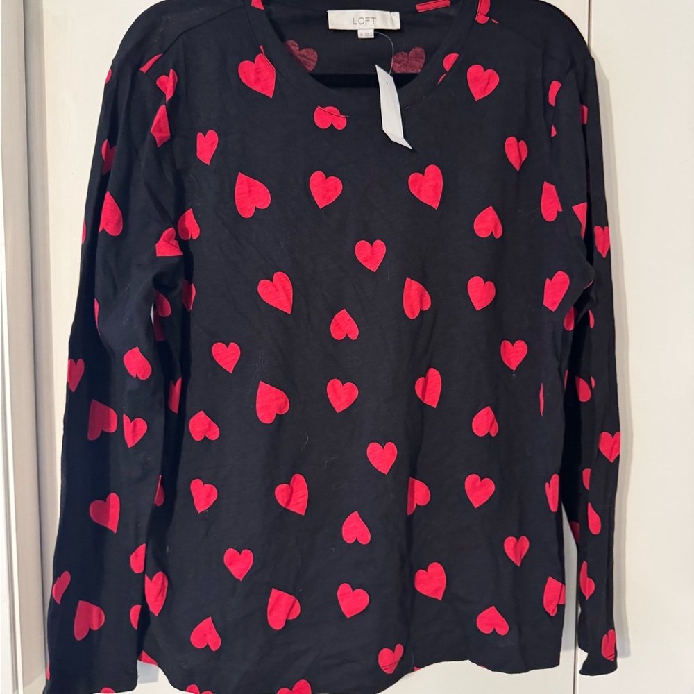 LOFT Black Top with Red Heart Pattern